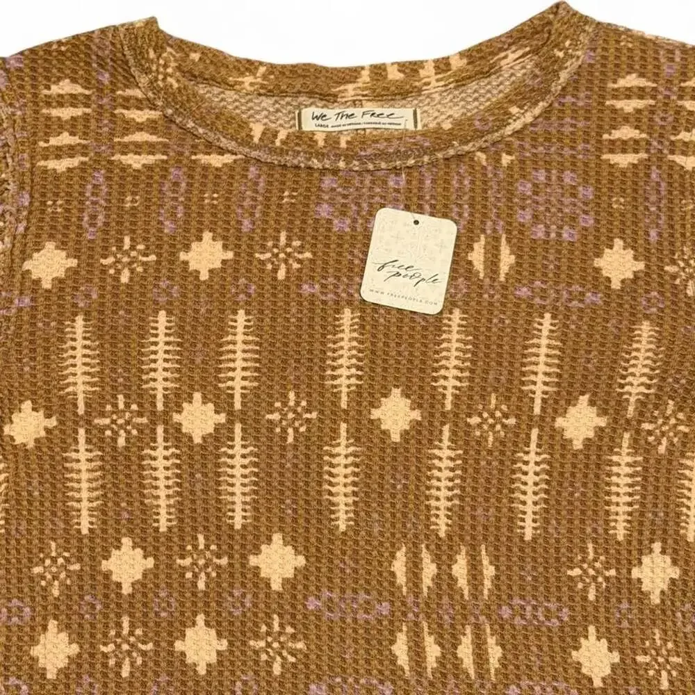 Free People Latte Combo Geometric Waffle Knit Long Sleeve Top